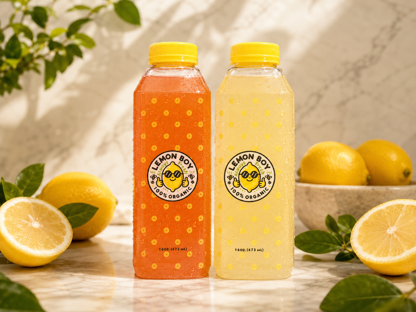 Lemon Boy juice bottles with lemons